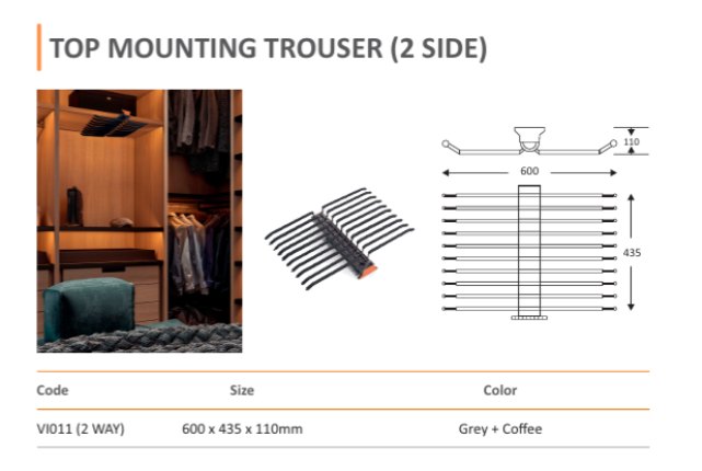 Mirano VI011 Top Mounting Trouser 2 Way wardrobe rack, overhead mounted, 600 x 435 x 110mm