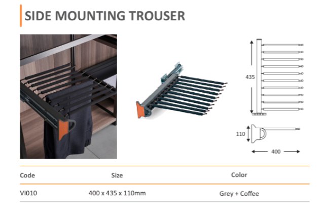 Mirano VI010 Side Mounting Trouser rack wardrobe accessory, 400 x 435 x 110mm in grey and coffee