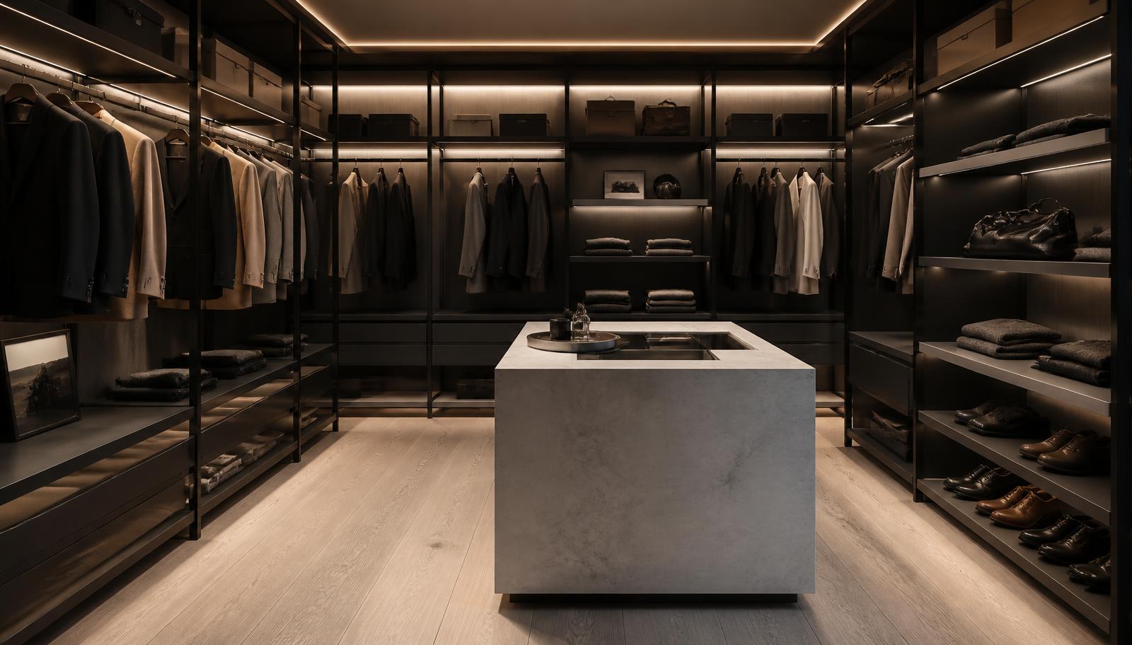Mirano walk-in wardrobe system Luxury walk-in wardrobe fitted with Mirano modular aluminium bar shelving, hanging rails and integrated LED shelf lighting