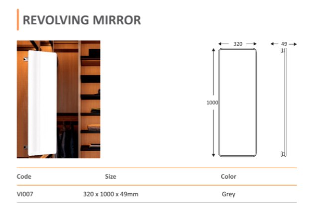 Mirano VI007 Revolving Mirror wardrobe accessory, space-saving rotating mirror 320 x 1000 x 49mm