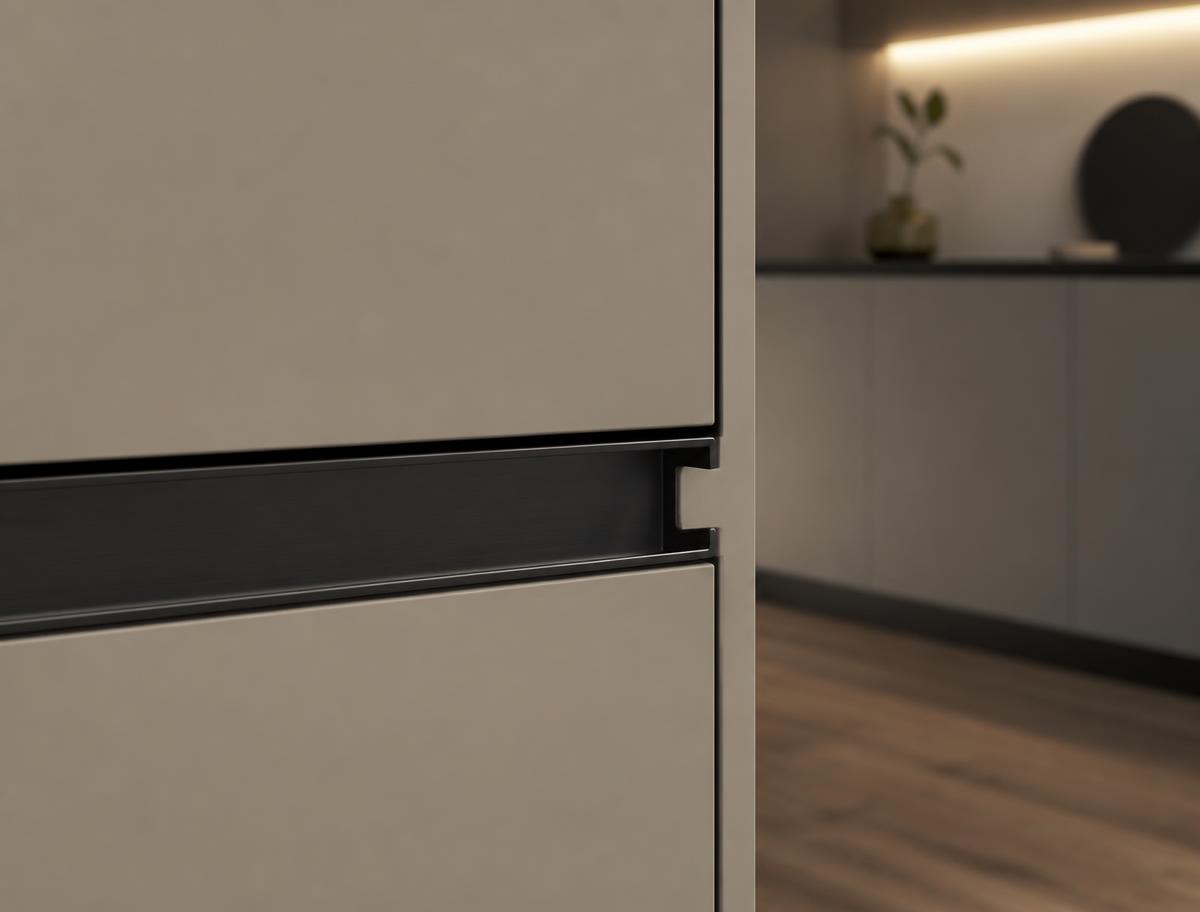 3D render of a recessed matte black gola profile channel creating a shadow-line grip between two handleless kitchen cabinet fronts