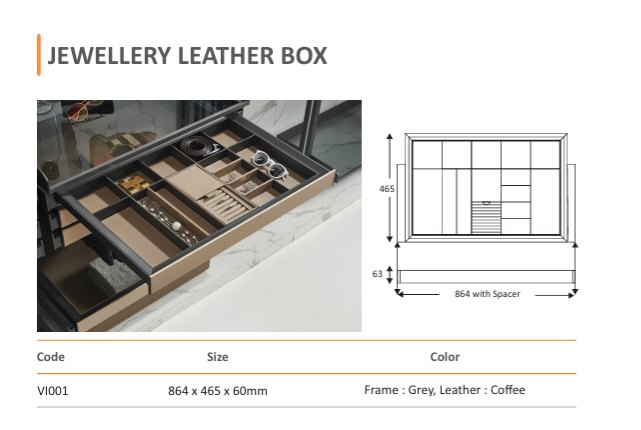 Mirano VI001 Jewellery Leather Box wardrobe accessory, 864 x 465 x 60mm grey frame with coffee leather compartments
