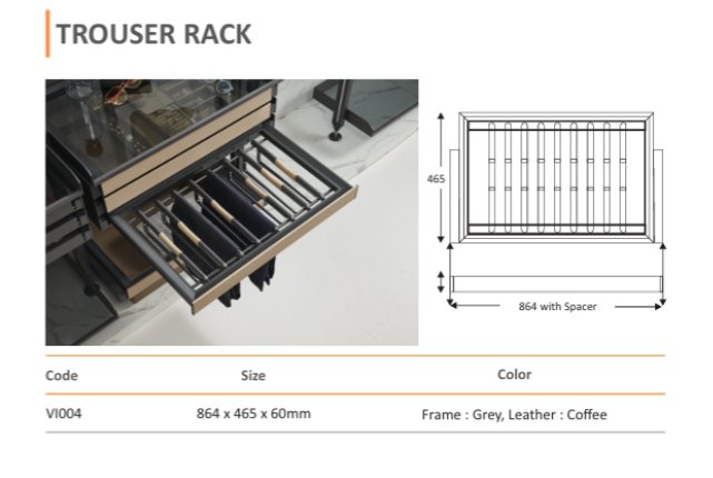 Mirano VI004 Trouser Rack wardrobe accessory, multi-bar drawer-mounted rack in grey and coffee leather