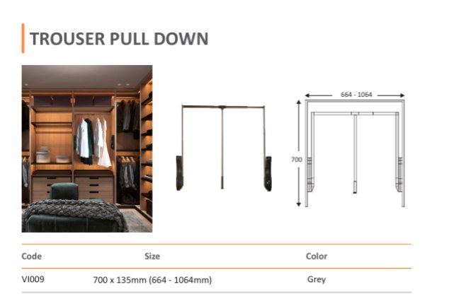 Mirano VI009 Trouser Pull Down wardrobe rail, adjustable 664 to 1064mm, grey finish