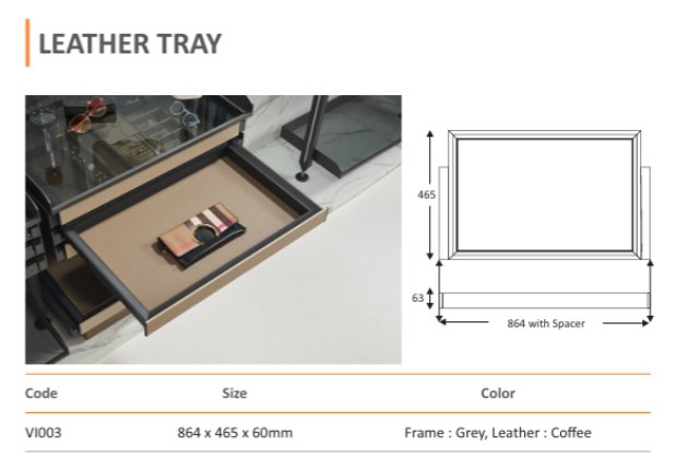 Mirano VI003 Leather Tray wardrobe drawer insert in coffee leather, 864 x 465 x 60mm
