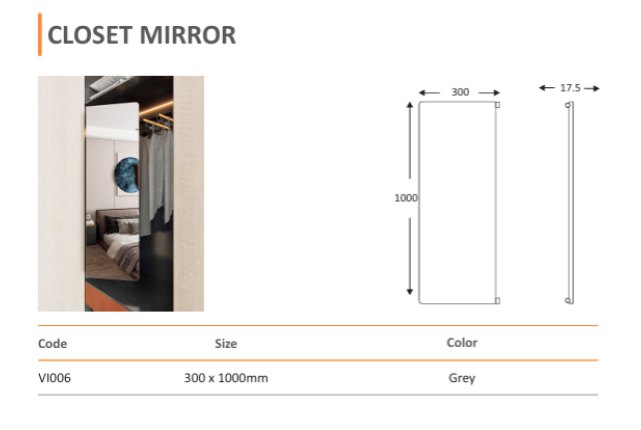 Mirano VI006 Closet Mirror, fixed full-length wardrobe mirror 300 x 1000mm in grey