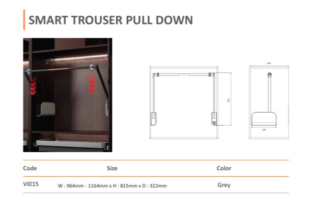 Mirano VI015 Smart Trouser Pull Down wardrobe accessory, motorized soft-close rail, width 964 to 1164mm