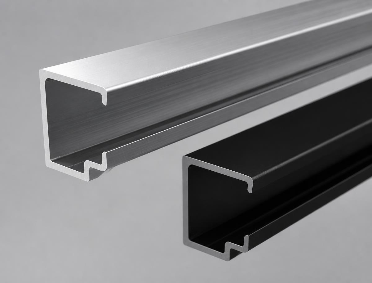3D render of brushed anodised silver and matte black aluminium G-profile and C-profile cabinet handle extrusions showing cross-section geometry