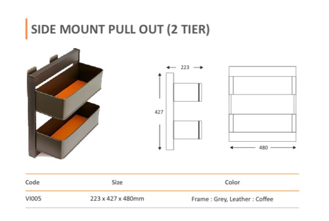 Mirano VI005 Side Mount Pull Out 2 Tier wardrobe accessory, side-panel mounted, 223 x 427 x 480mm