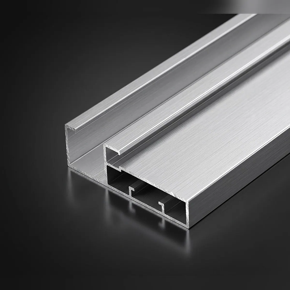 45 mm aluminium profile with an integrated handle lip along the top edge in brushed silver