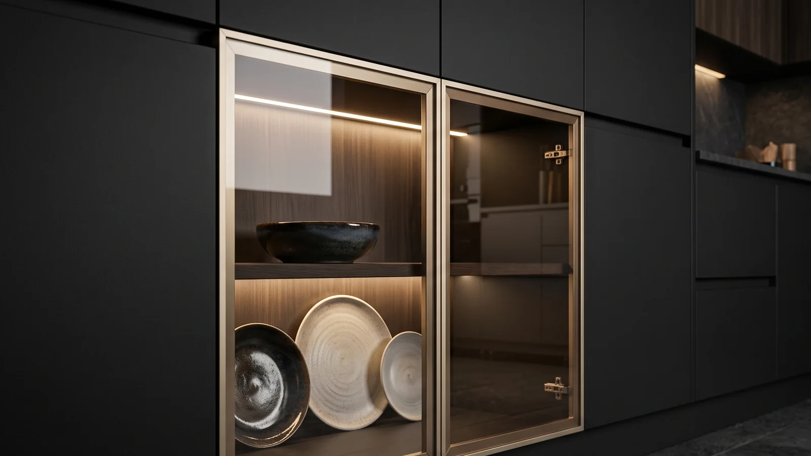 Dark luxury kitchen display cabinet with slim champagne-gold aluminium frames around clear glass and a bronzed mirror door