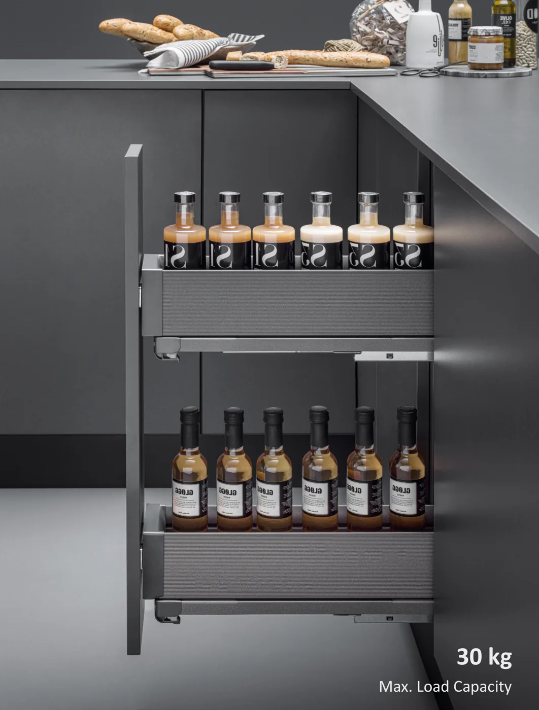 Mirano Base Pull Out 150mm slim bottle and spice pull-out unit installed in a narrow modular kitchen base cabinet