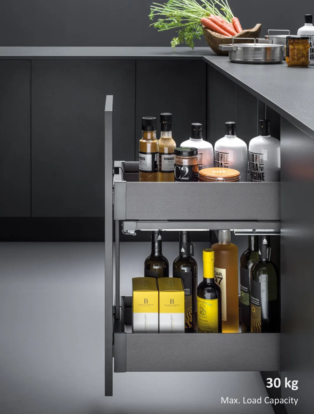 Mirano Base Pull Out 300mm multi-tier wire basket unit pulled out of a modular kitchen base cabinet