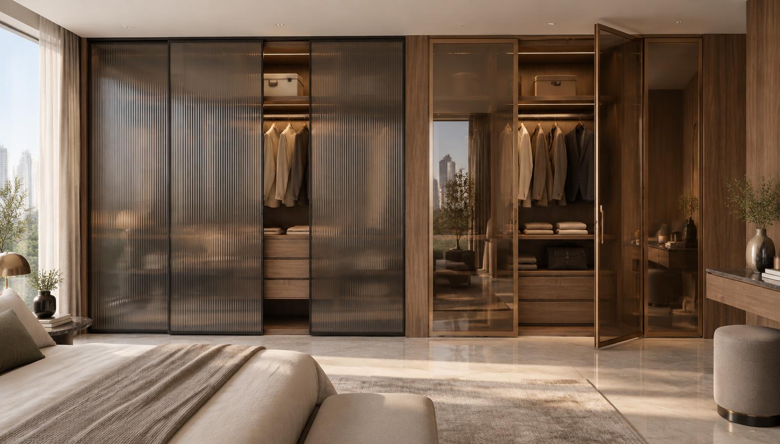 Sliding wardrobe vs openable wardrobe hardware comparison Premium bedroom showing a smoked-glass sliding wardrobe beside an openable glass wardrobe