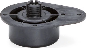 Cabinet leg mounting plate Black round cabinet leg mounting plate with screw holes and a threaded stem
