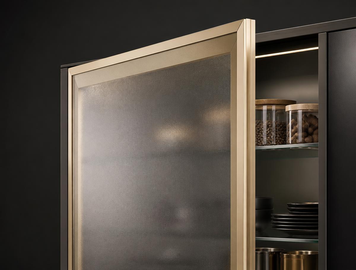 3D render of a champagne gold mitred aluminium frame profile shutter holding a frosted glass panel on a kitchen display cabinet
