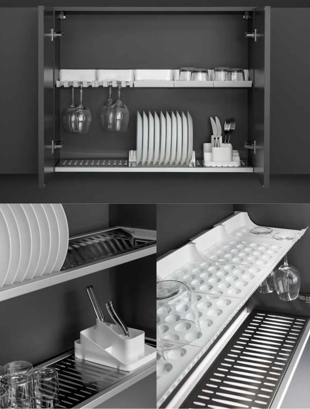 Mirano Domino draining rack fitted inside a wall unit above the sink, with plate rack, glass holders, cutlery caddy and stainless drip tray