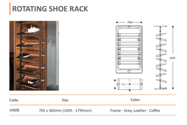 Mirano VI008 Rotating Shoe Rack for wardrobes, adjustable 1695 to 1795mm height, grey frame with coffee leather