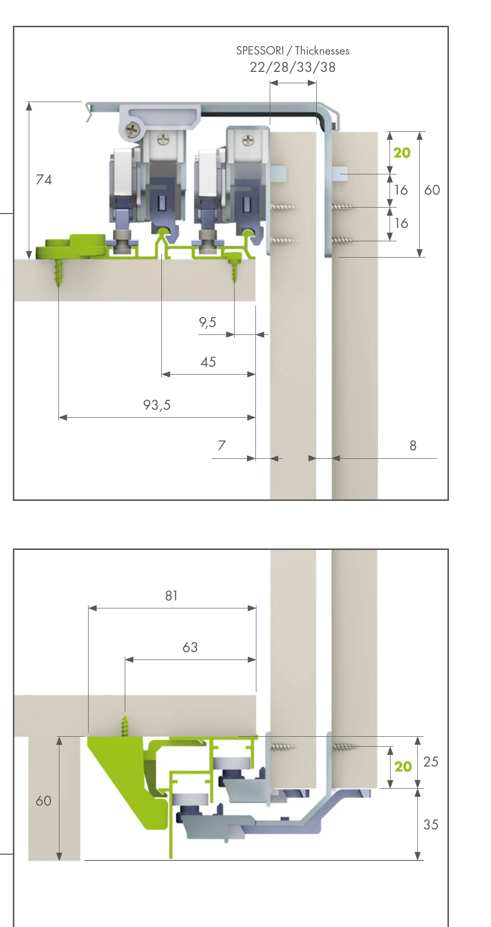 Evolution section drawing of the tool-free version with upper rail 011070