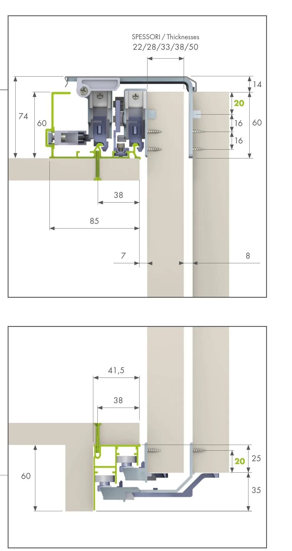 Evolution section drawing of the soft-closing version with upper rail 010600