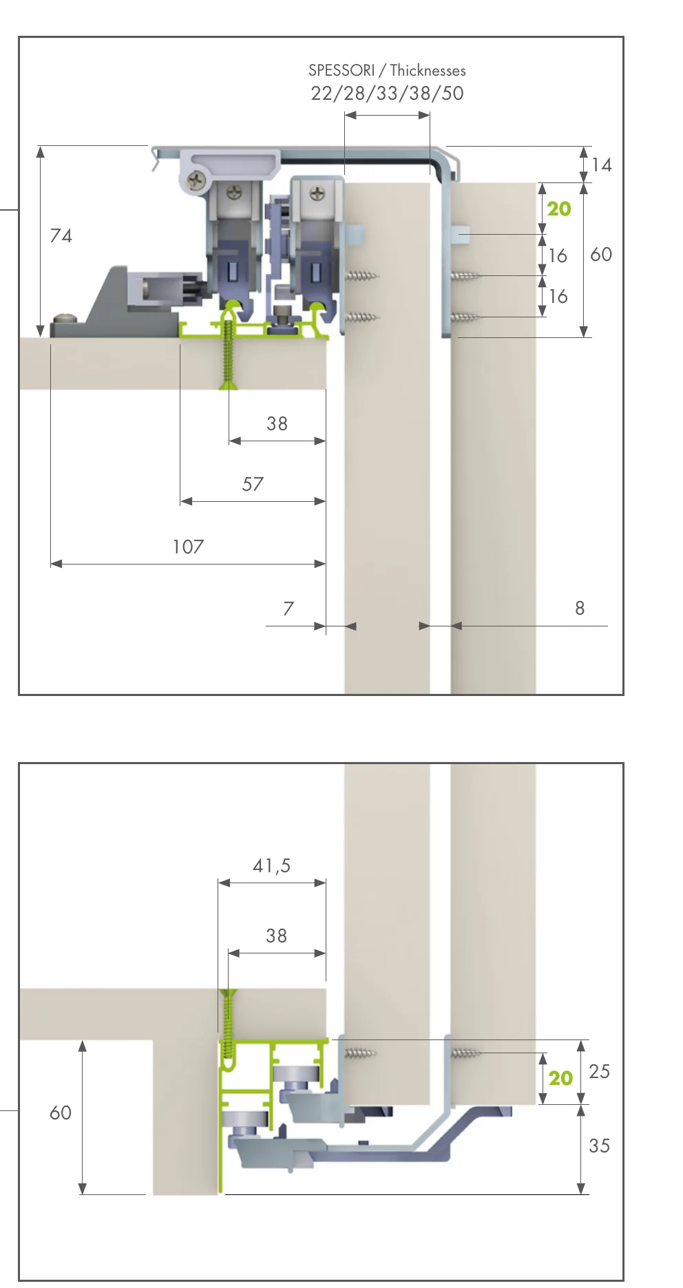 Evolution section drawing of the soft-closing version with upper rail 011034