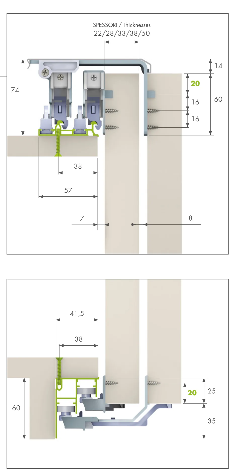 Evolution section drawing of the traditional stopper version with dimensions
