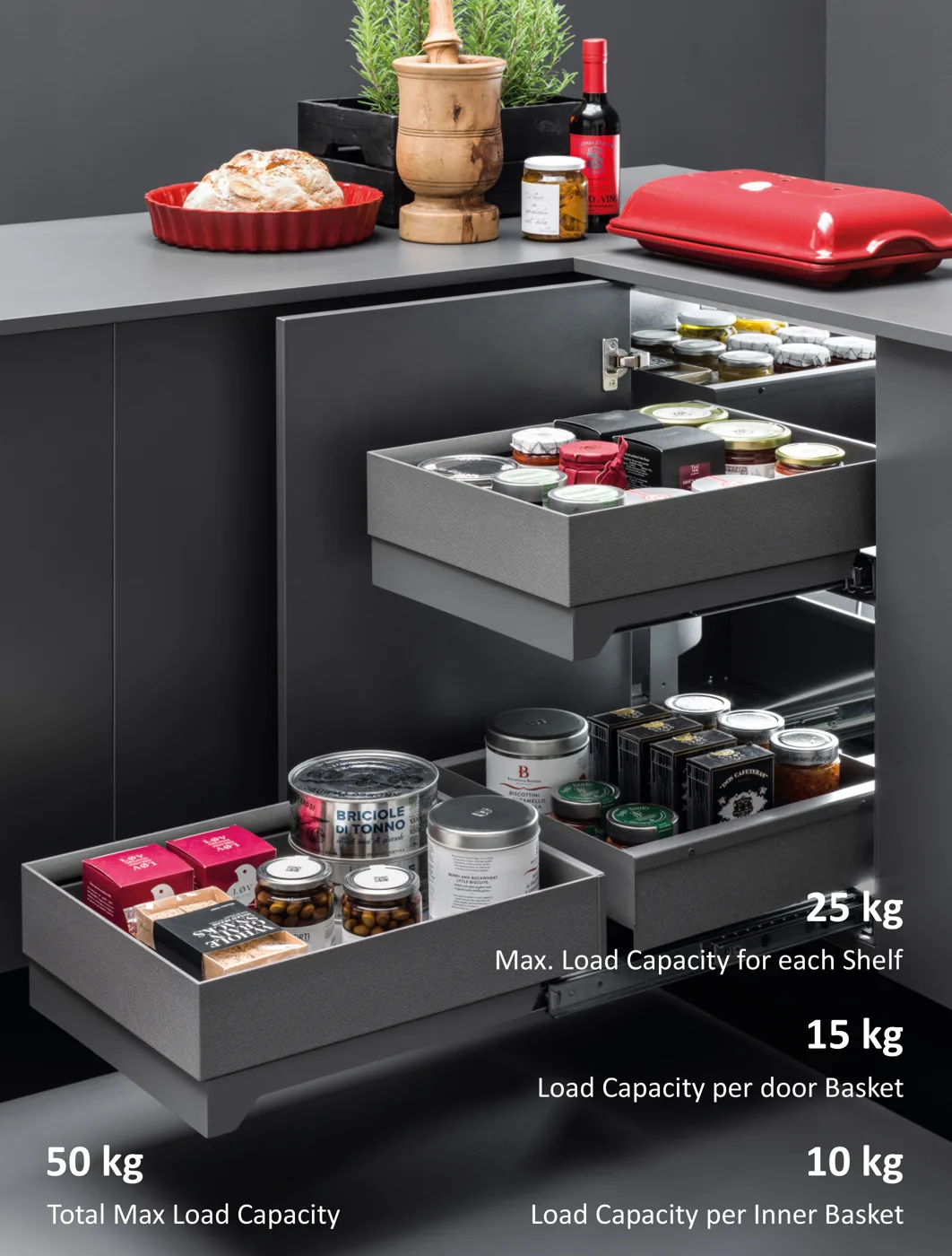 Mirano Fly Box slim boxed pull-out unit for spices and small jars fitted in a narrow modular kitchen cabinet