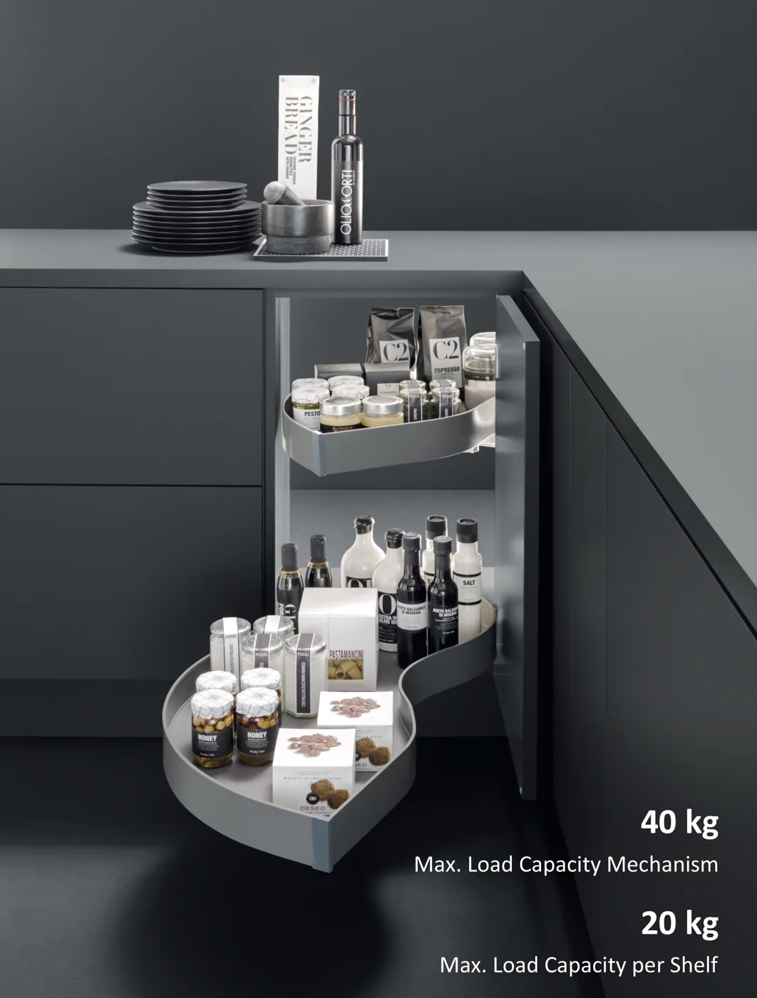 Mirano Fly Moon curved-profile pull-out unit with contemporary tray design in a premium modular kitchen