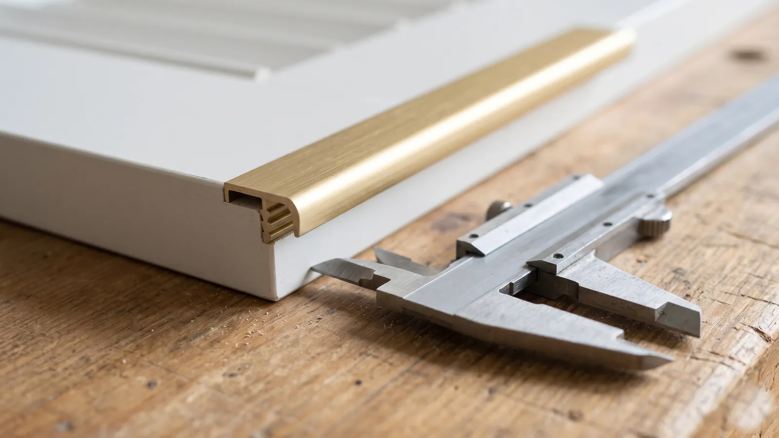 A 3 metre length of champagne gold G-section aluminium profile on a workbench beside cut pieces, a mitre-cut corner sample and a tape measure