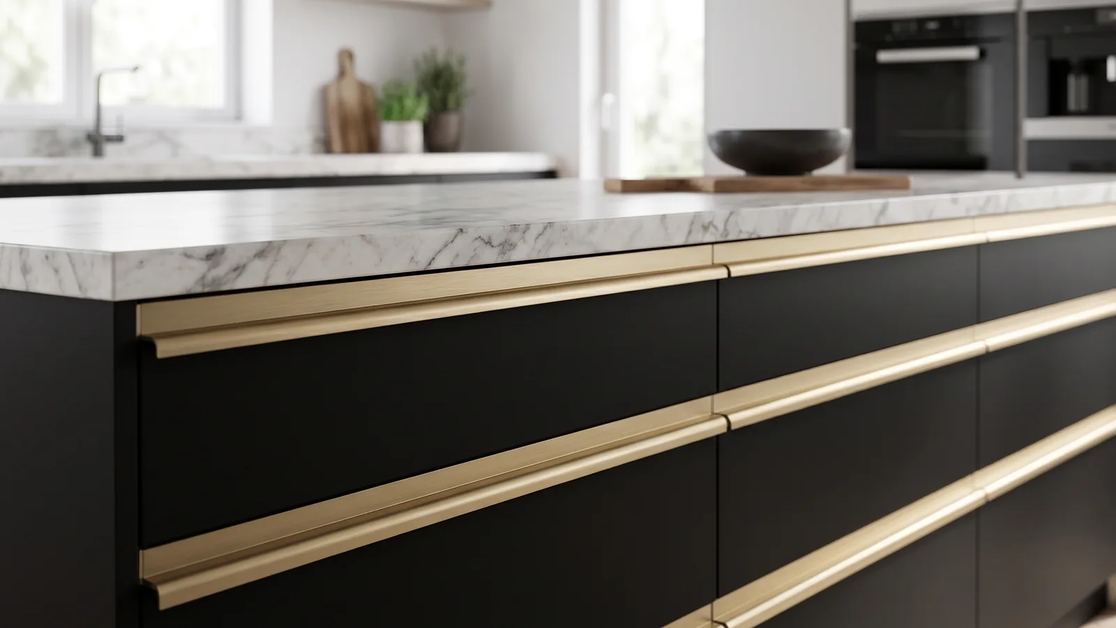 A modular kitchen with matte black drawer fronts and a continuous champagne gold aluminium G profile handle along each front