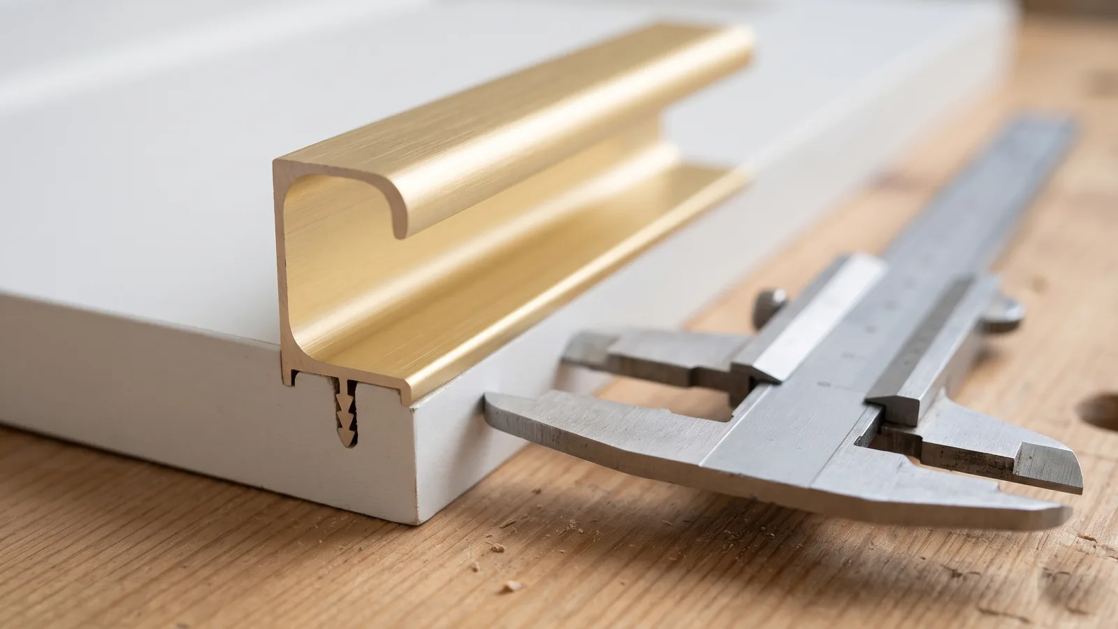 Champagne gold G-section aluminium profile fixed on the edge of a white laminate shutter beside a vernier caliper