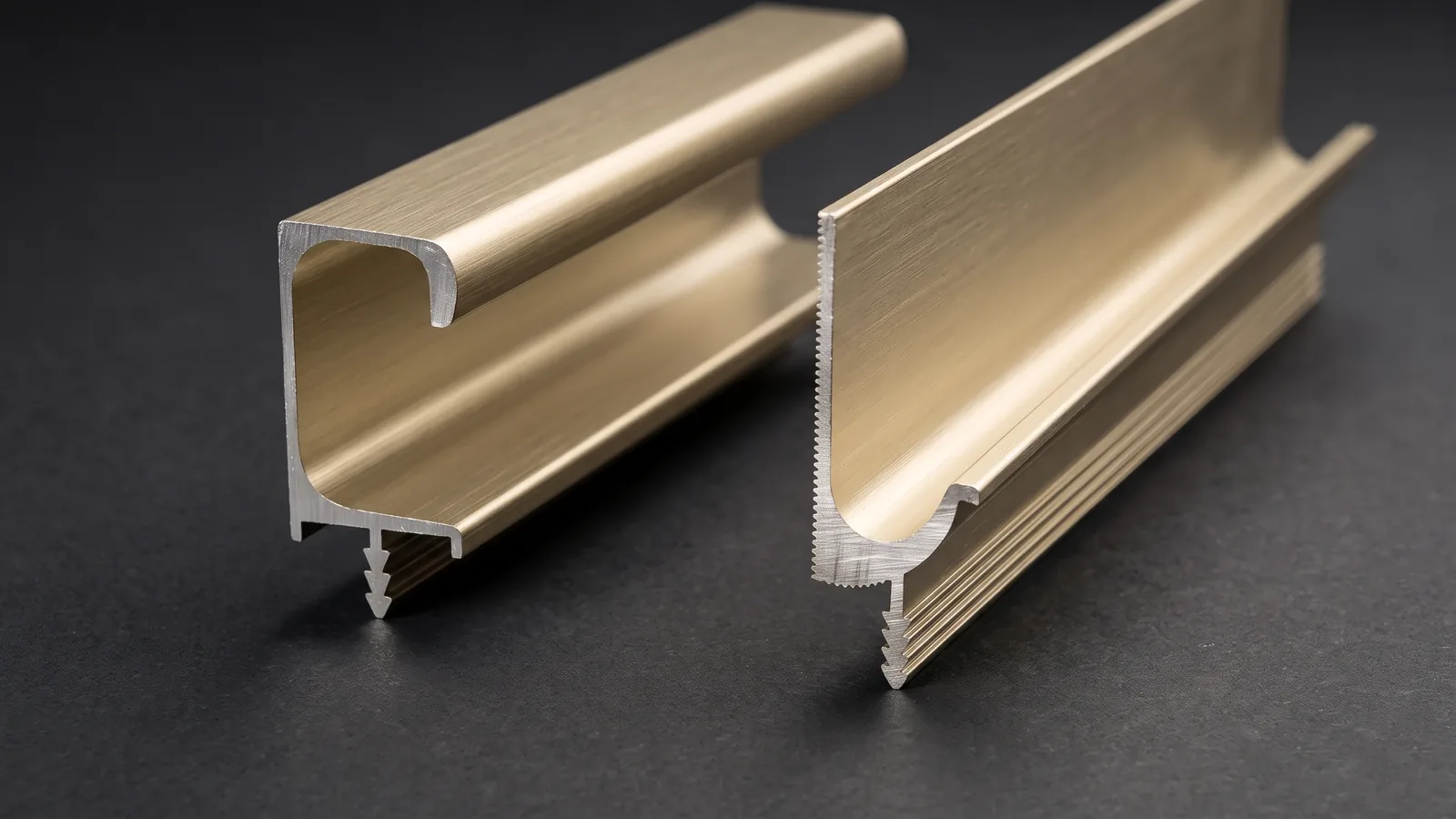 A champagne gold G-section aluminium edge handle profile beside an Eureka J profile on a drawer front