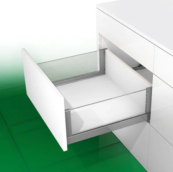 Glass-sided Crystal Plus kitchen drawer open in a white modular kitchen base unit