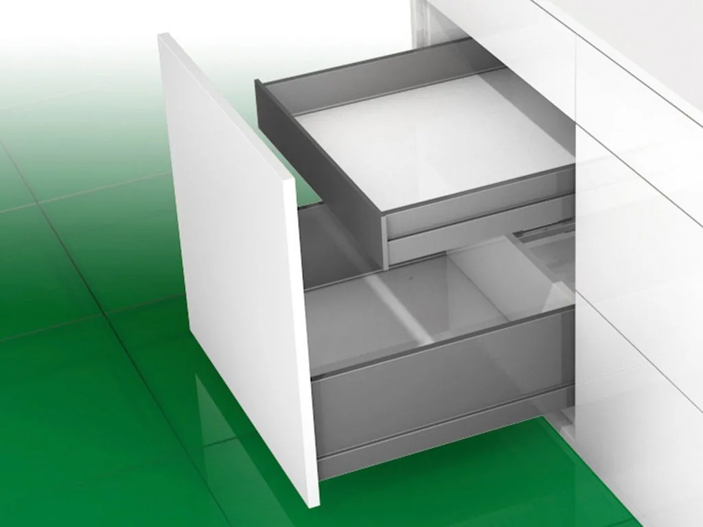Deep H186 kitchen drawer pulled out with a shallow inner drawer above it in a white modular kitchen cabinet