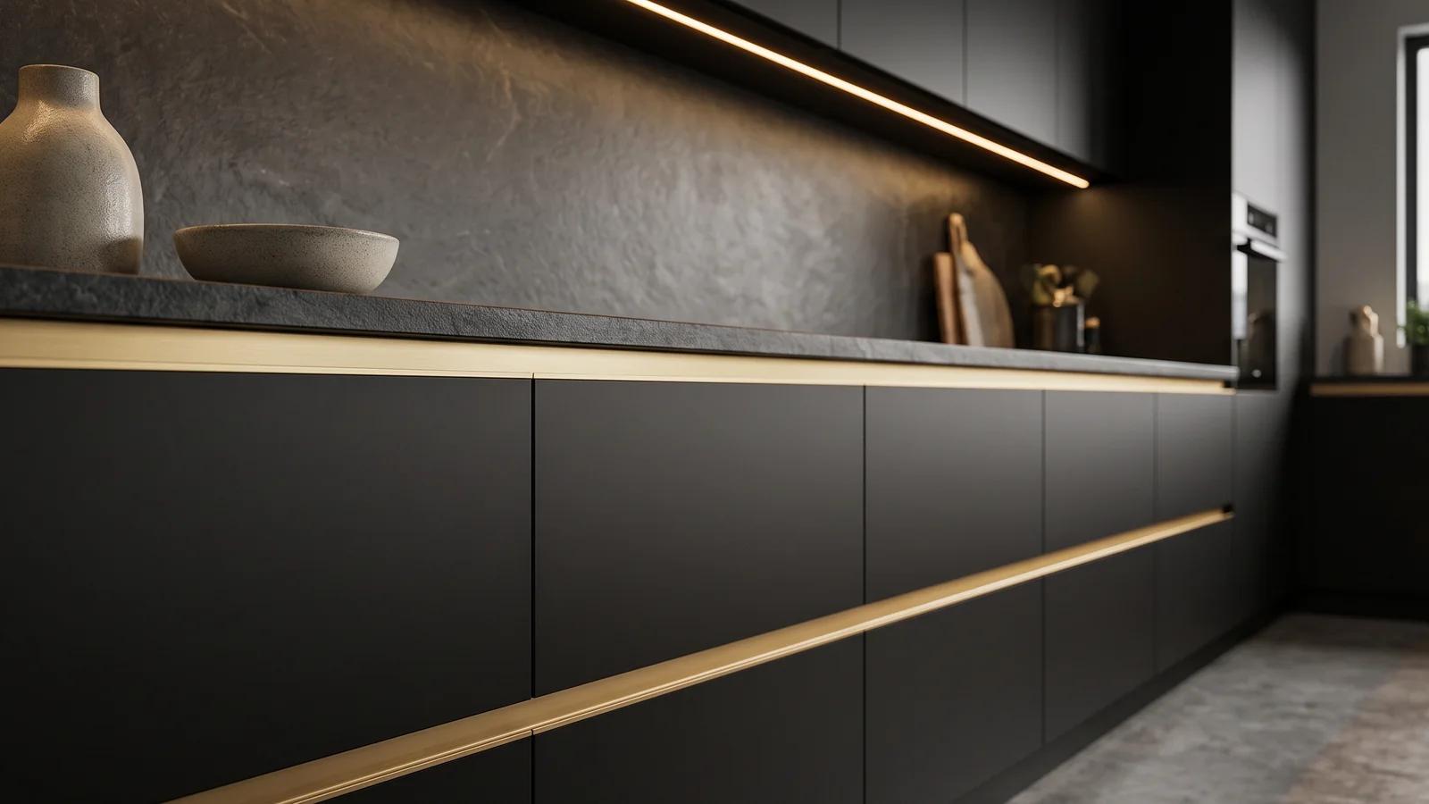 Matte black handleless kitchen with a continuous champagne gold aluminium gola profile