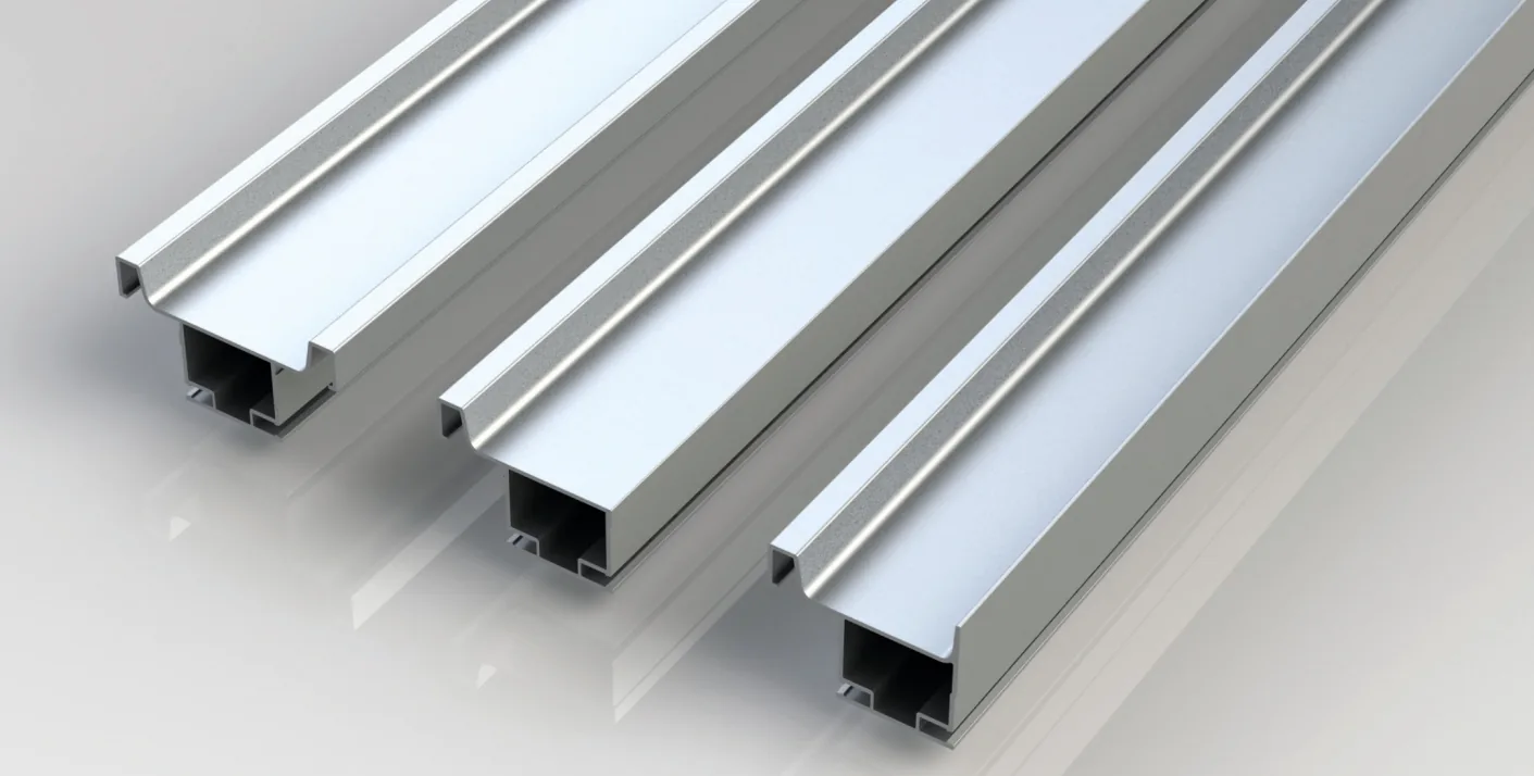 Three aluminium gola profile extrusions with hollow rectangular sections, shown end-on in a row