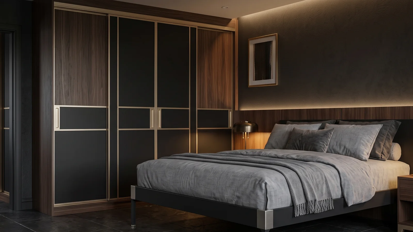Hotel furniture hardware Luxury hotel guest room with a king bed on a slim dark metal frame and a built-in sliding-door wardrobe