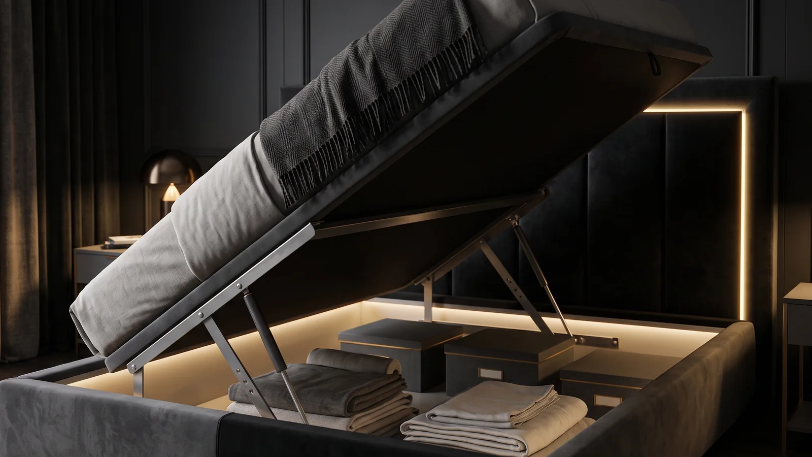 Upholstered storage bed with the bed base lifted on hydraulic gas-lift fittings, showing the storage compartment underneath