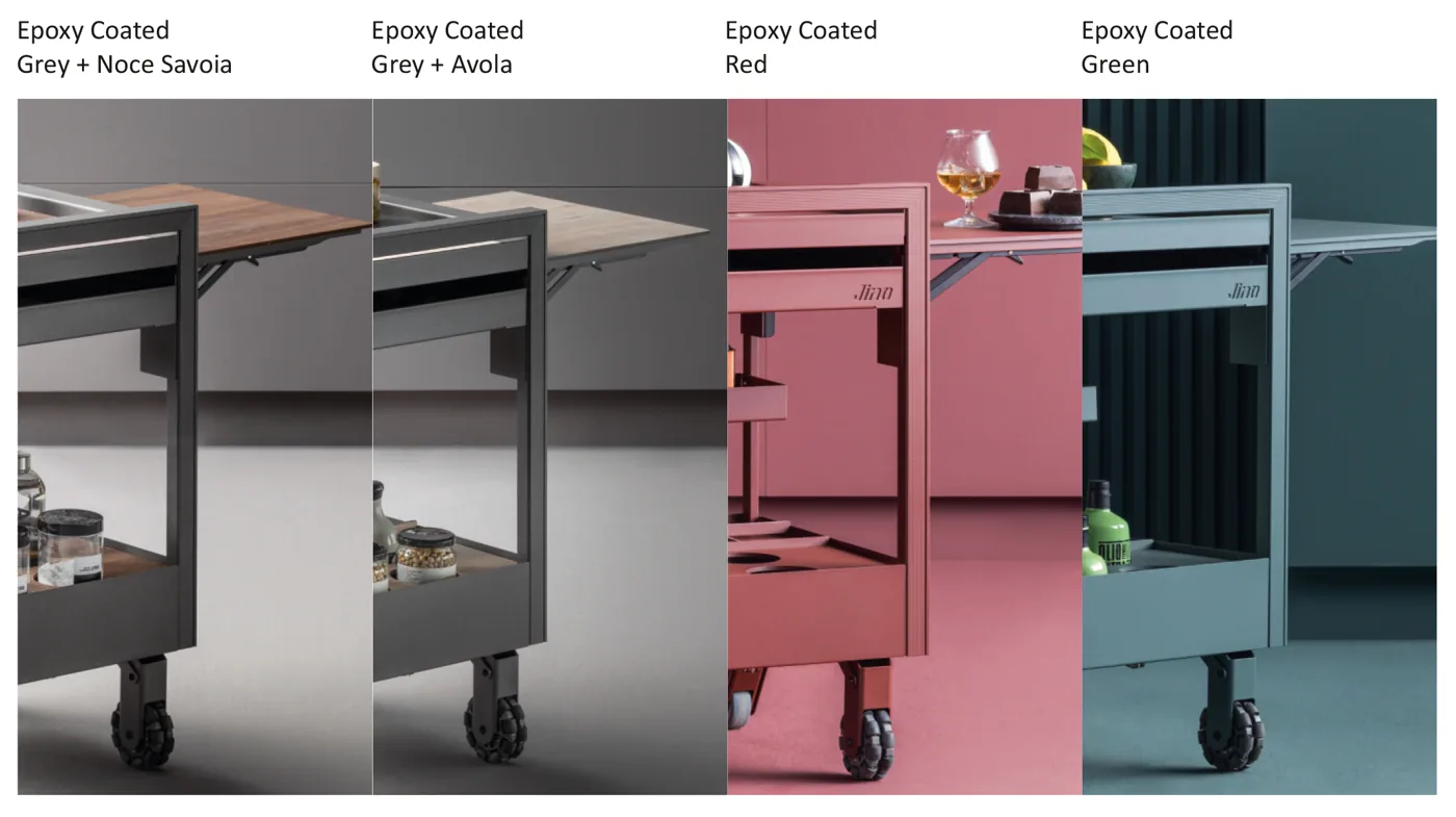 Mirano Jino pull-out kitchen trolley finish options shown in anthracite, black, wood and stone-effect worktop combinations