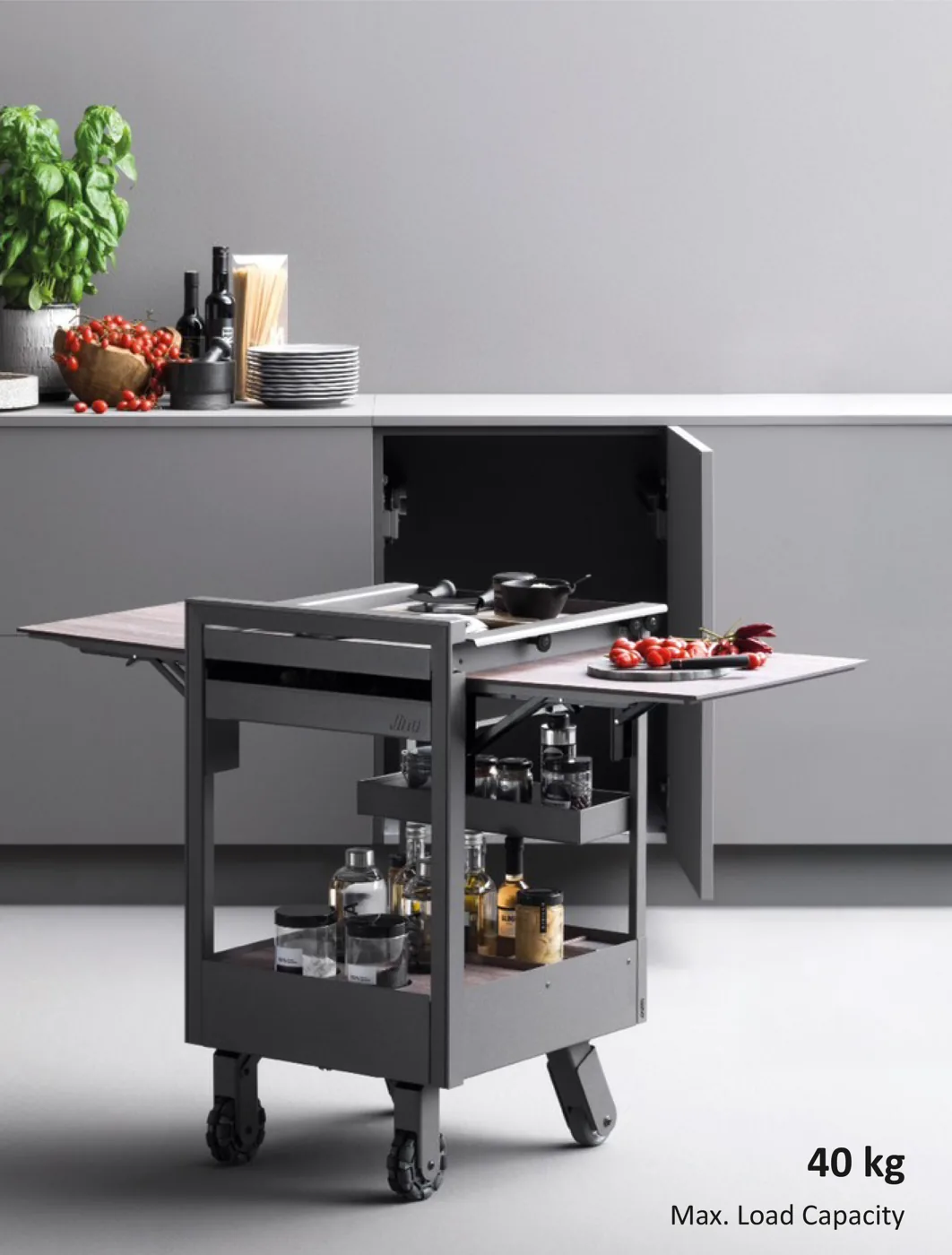 Jino pull-out kitchen trolley by Mirano by Varun Impex, fully extended from a base cabinet with fold-out worktop wings, 40 kg load capacity