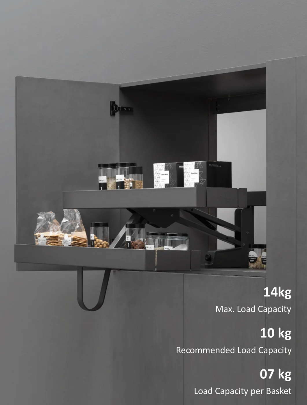 Mirano Karlo 600mm pull-out unit with tiered shelves installed in a modern modular kitchen base cabinet