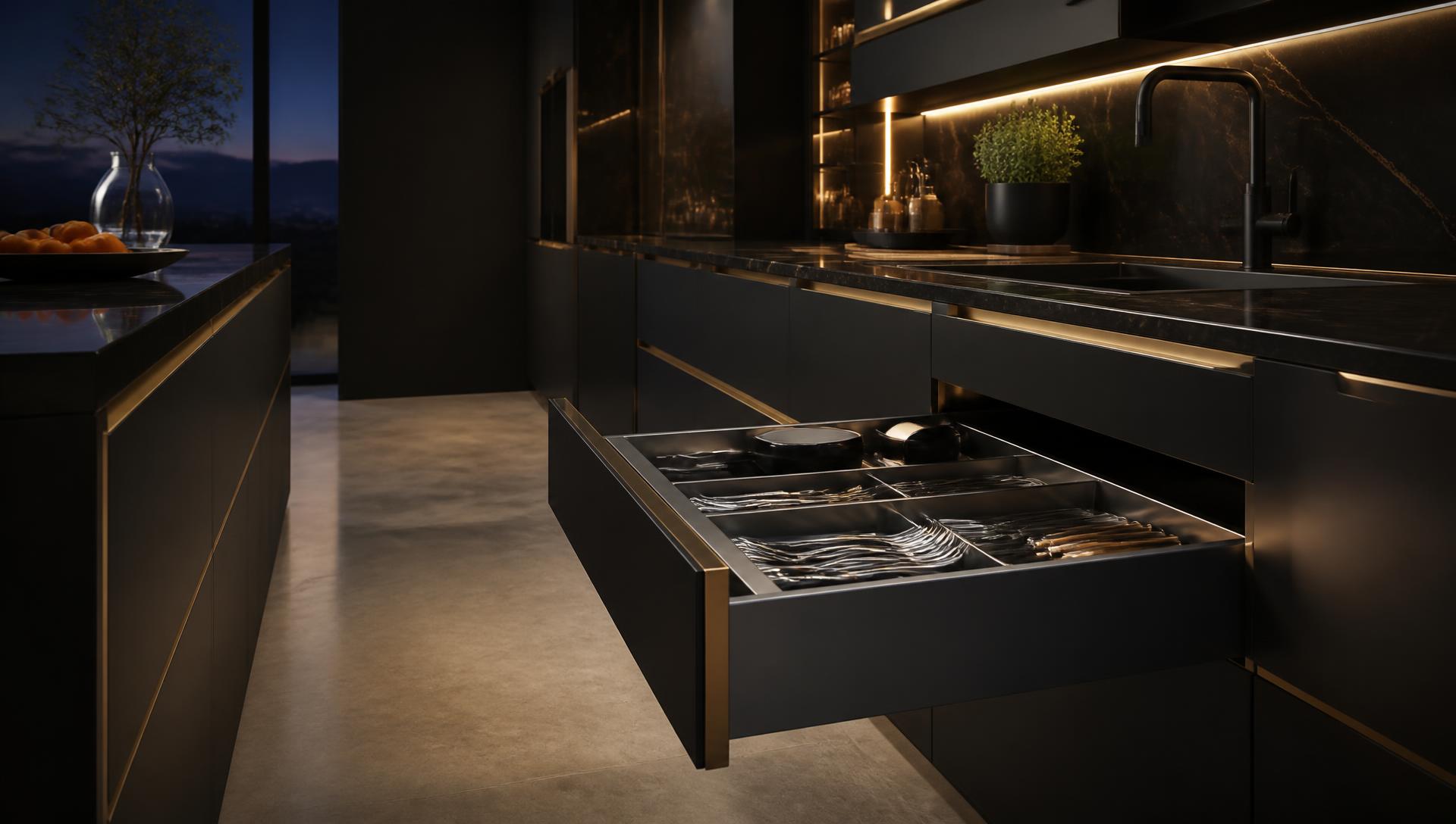 Premium modular kitchen with soft-close drawer system and gold gola profiles by Mirano