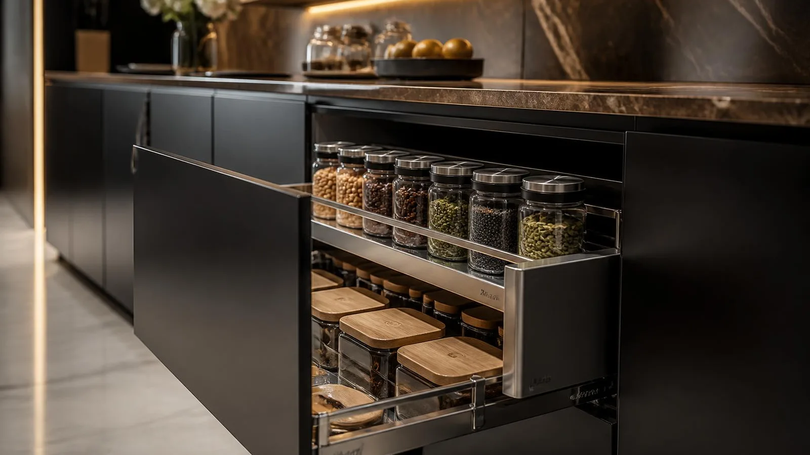 Modular kitchen hardware checklist — 15 fittings you shouldn't skip Premium modular kitchen accessories — pull-out baskets and drawer systems in a full-extension cabinet