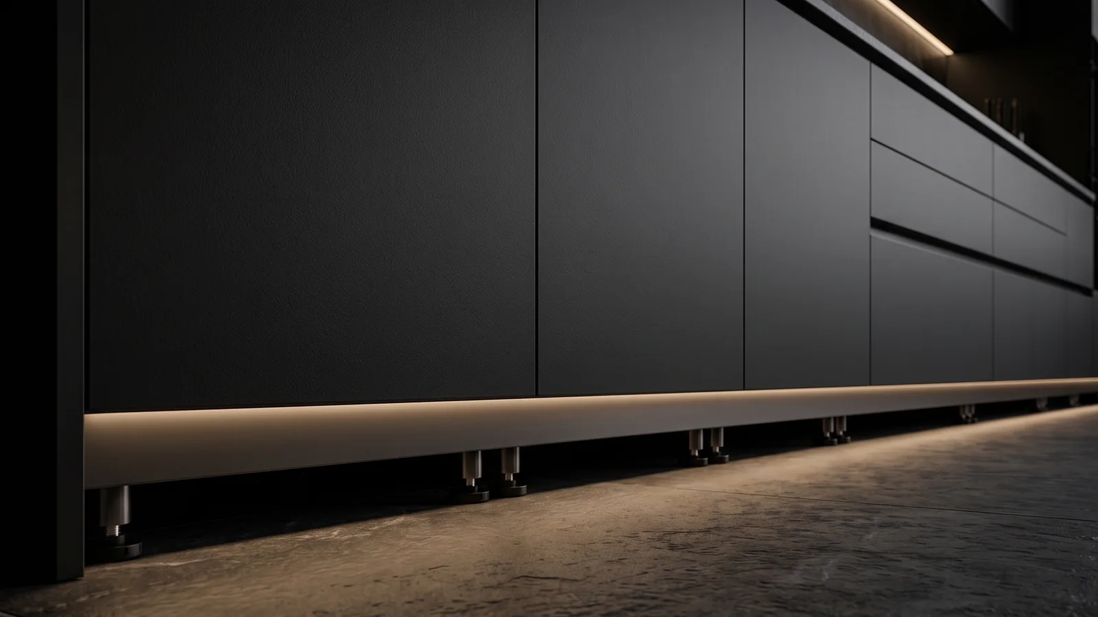 Low view of matte black kitchen base cabinets with a dark aluminium plinth and a faint warm light at floor level