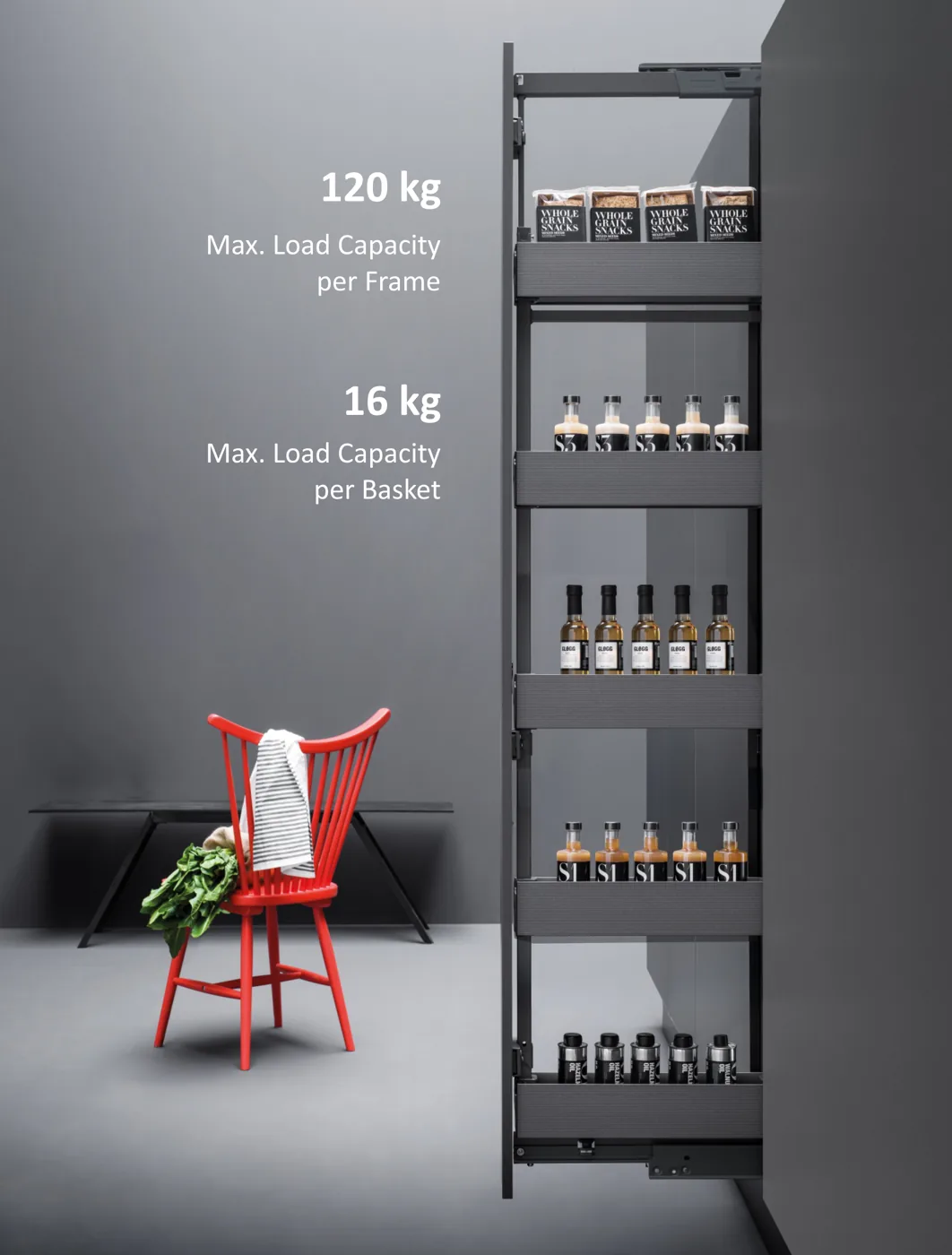 Mirano Larder Pull Out 5-basket tall pantry unit in 300mm and 450mm widths, fully extended from a floor-to-ceiling kitchen cabinet