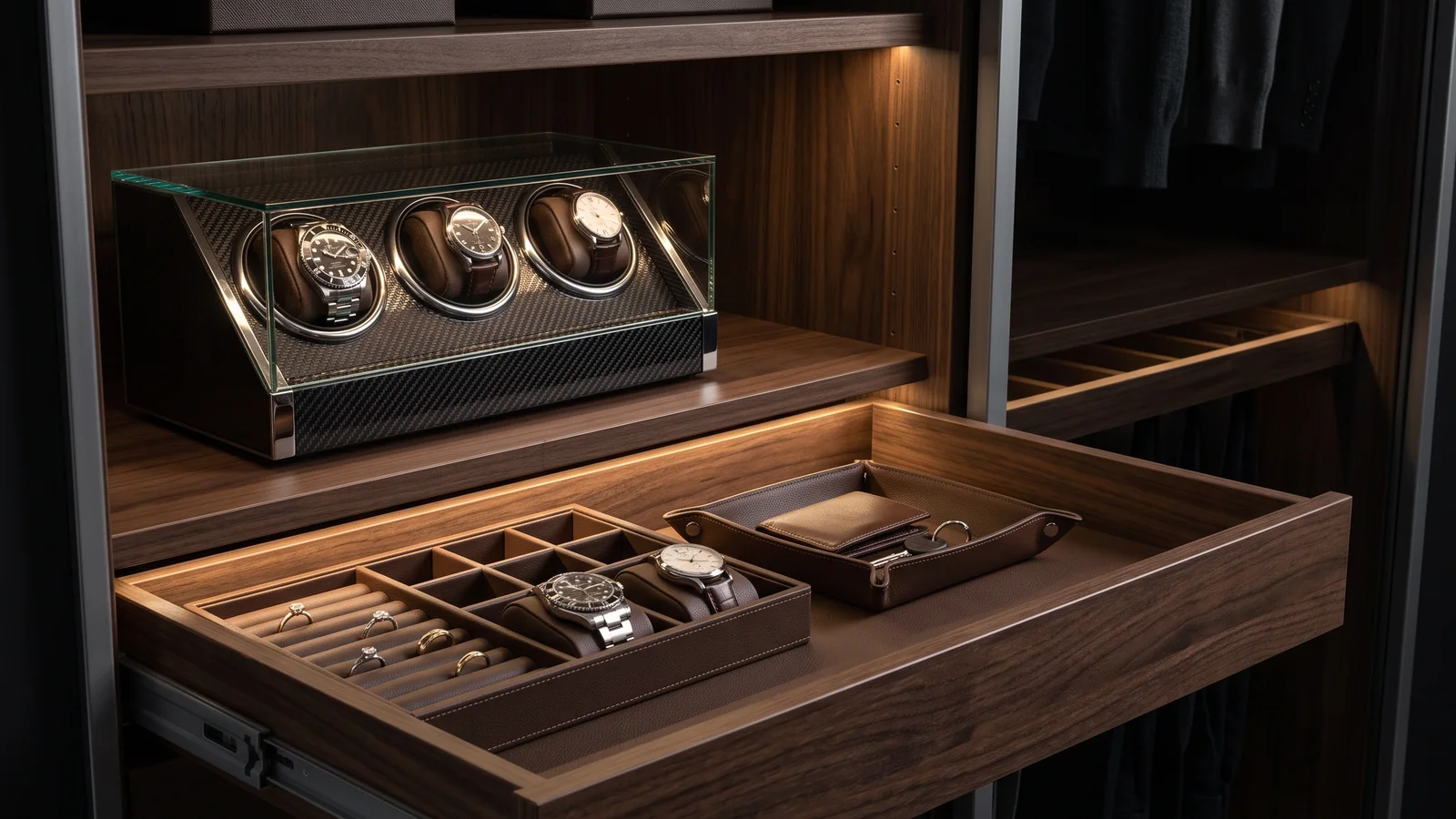 Dark walnut wardrobe drawer open showing a leather-lined jewellery tray and a built-in watch winder with warm LED lighting
