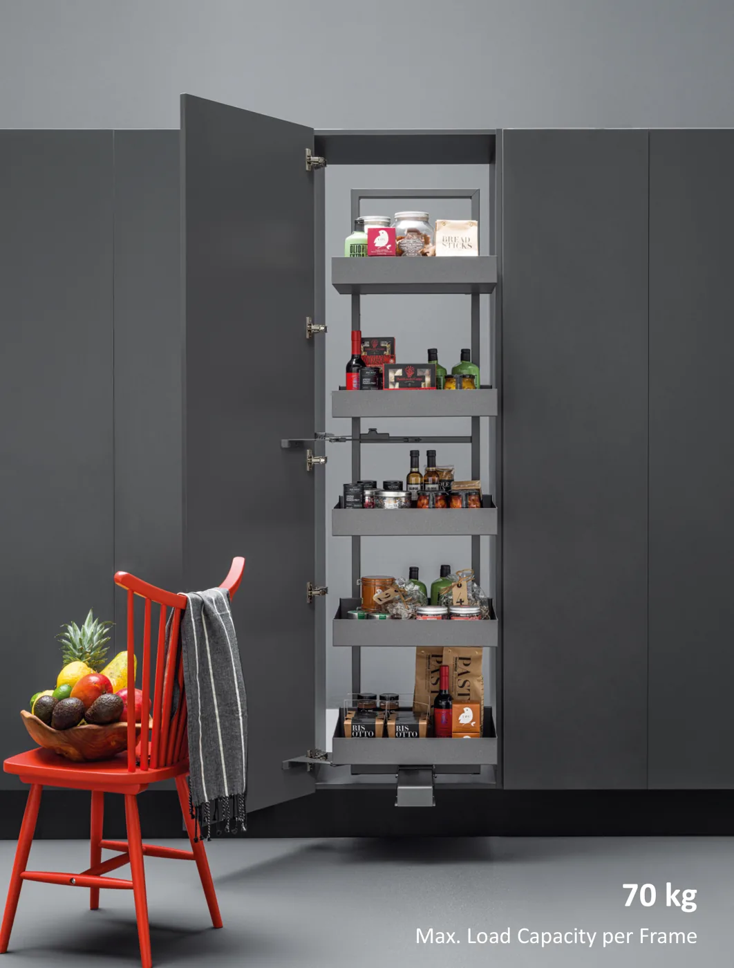 Mirano Maxi Pull Out 600mm five-basket tall larder unit fully extended in a premium modular kitchen