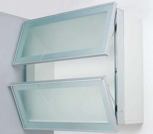 Two aluminium-framed frosted glass doors lifted open on a mechanism in a white overhead cabinet