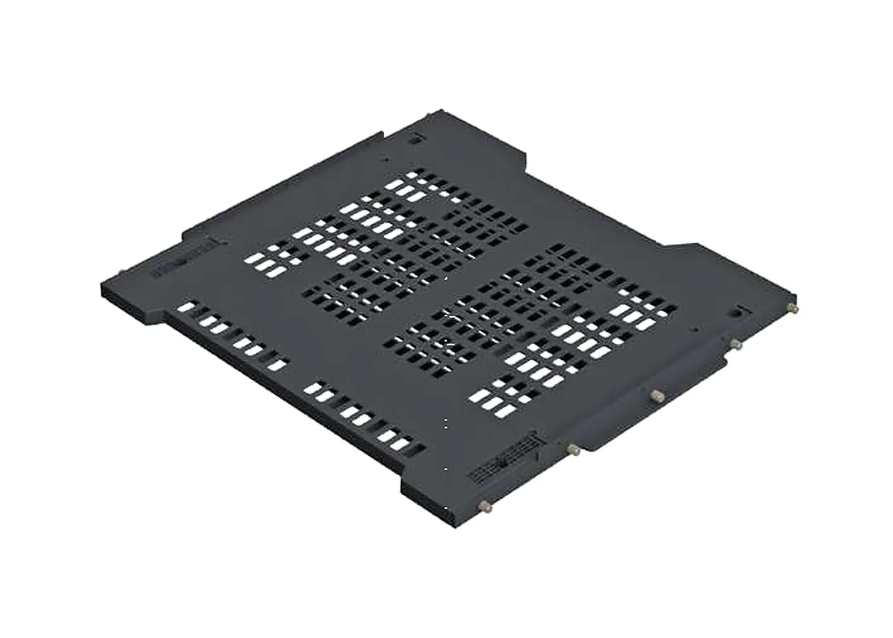 Perforated metal base plate Mirano perforated metal base plate for kitchen cabinets, a dark grey plate with slotted vent openings and fixing studs