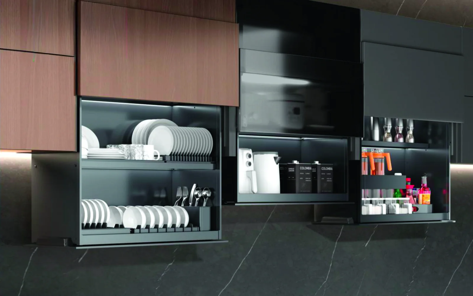 Three overhead kitchen cabinets open to show a dish rack with cutlery holder, an appliance shelf and a spice and bottle organiser